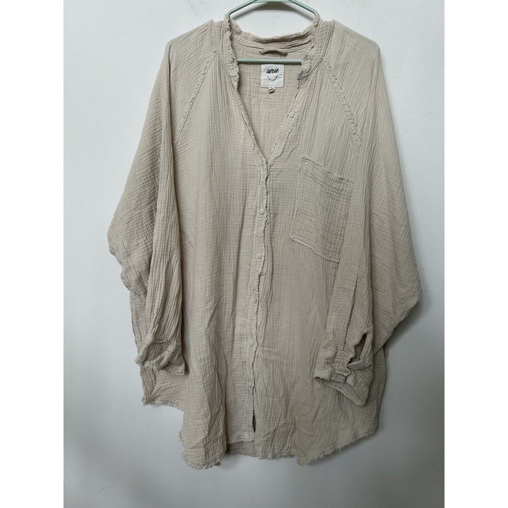 Aerie Pool To Party Cotton Gauze Cover Up Shirt Frayed Boho Beach Oversized XL - Picture 3 of 7